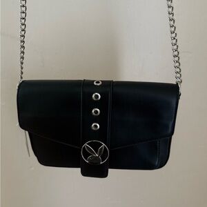 PLAYBOY Black Leather Crossbody with Silver Chain & Bunny Emblem